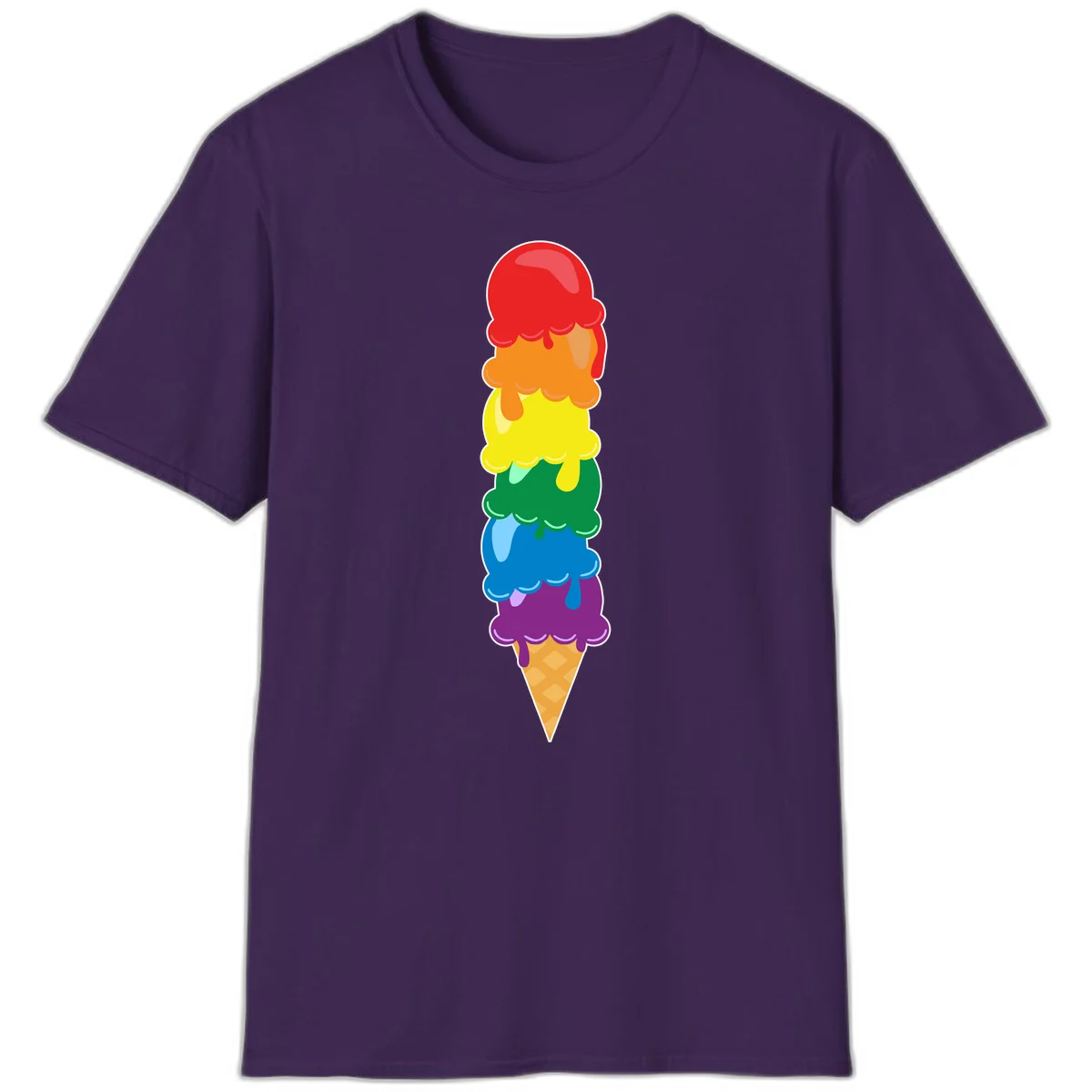 Colorful rainbow ice cream cone with six stacked scoops in pride flag colors dripping down a waffle cone in Purple