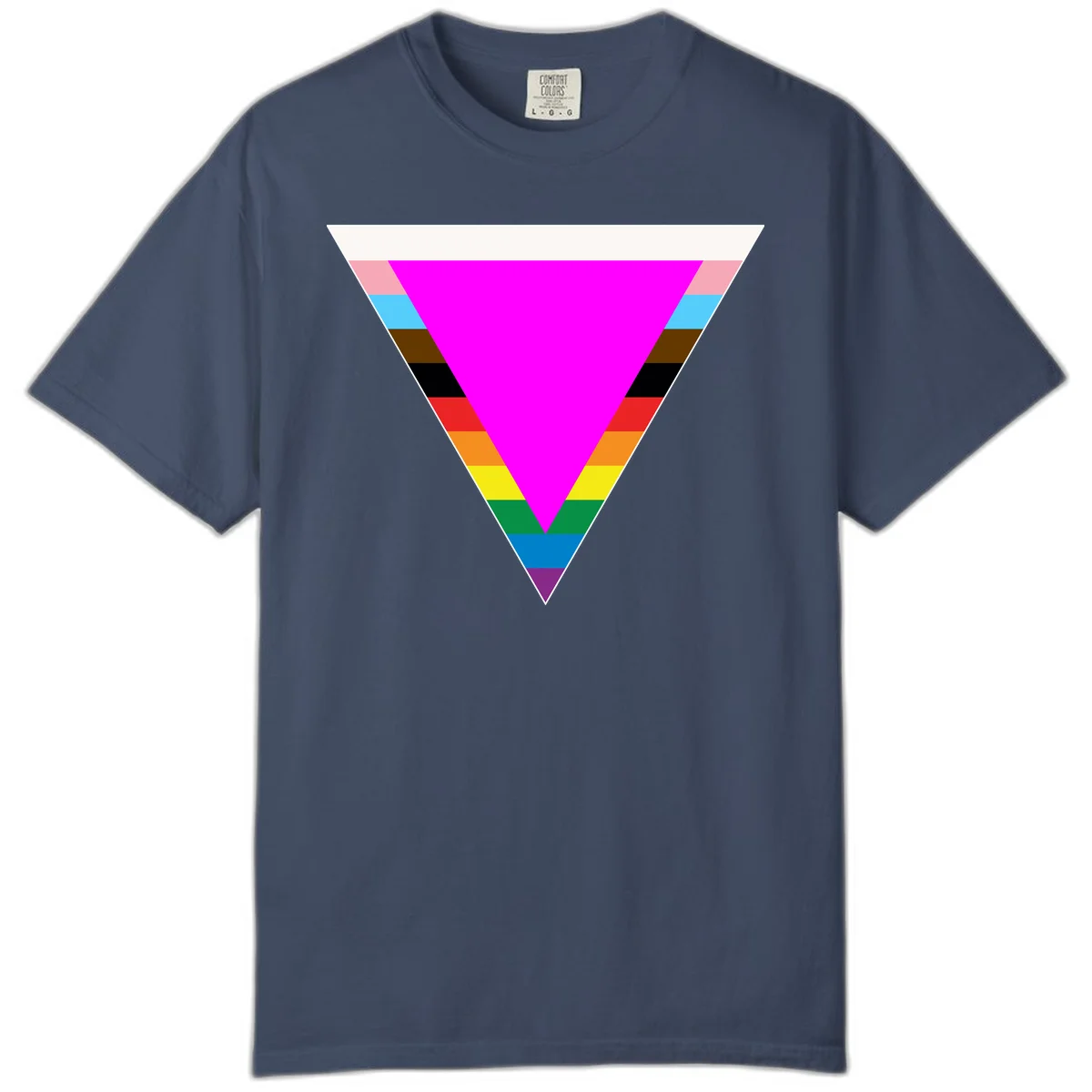 Rainbow pride triangle design with horizontal stripes in magenta, pink, cyan, brown, black, red, orange, yellow, green, teal, blue, and purple colors in Midnight