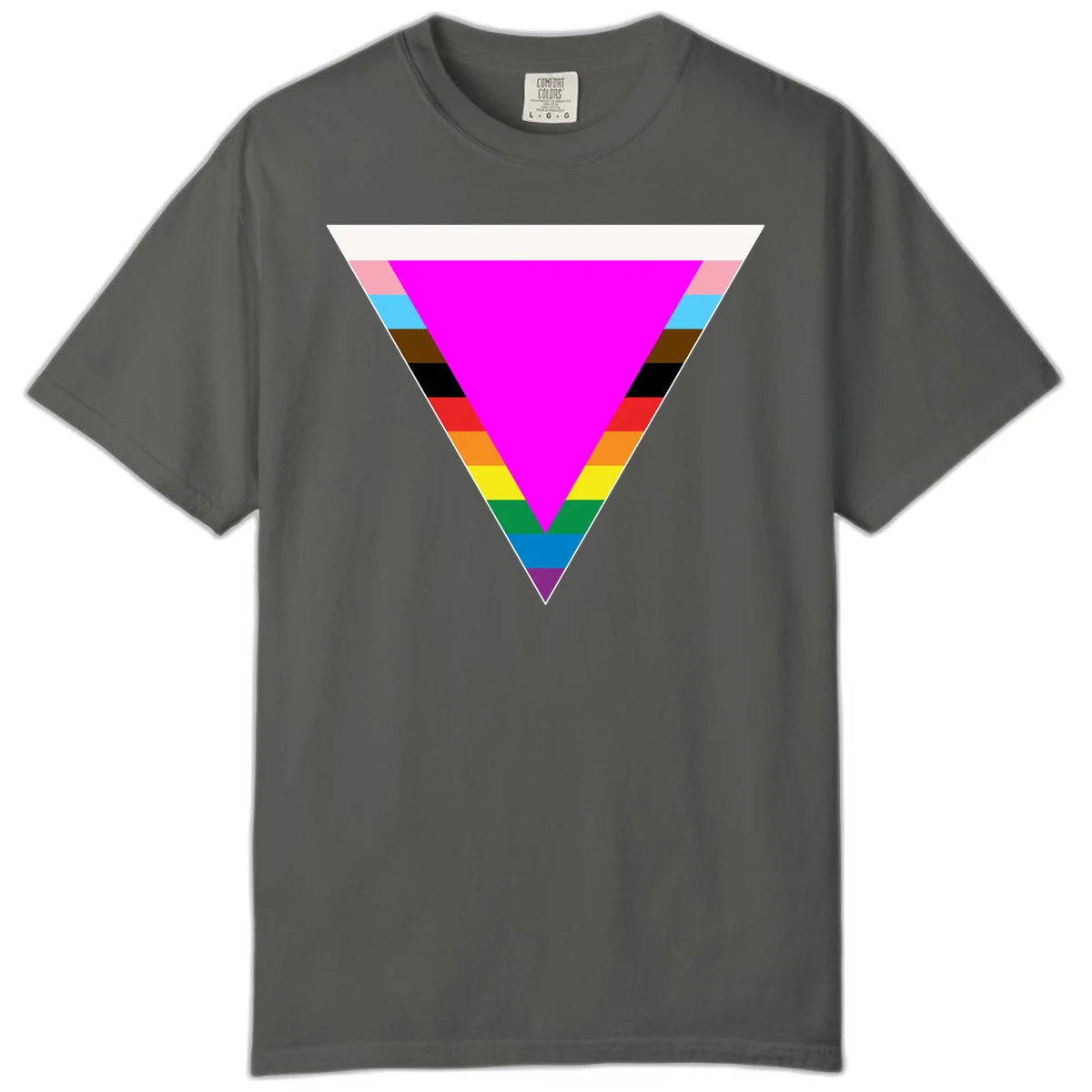Rainbow pride triangle design with horizontal stripes in magenta, pink, cyan, brown, black, red, orange, yellow, green, teal, blue, and purple colors in Pepper