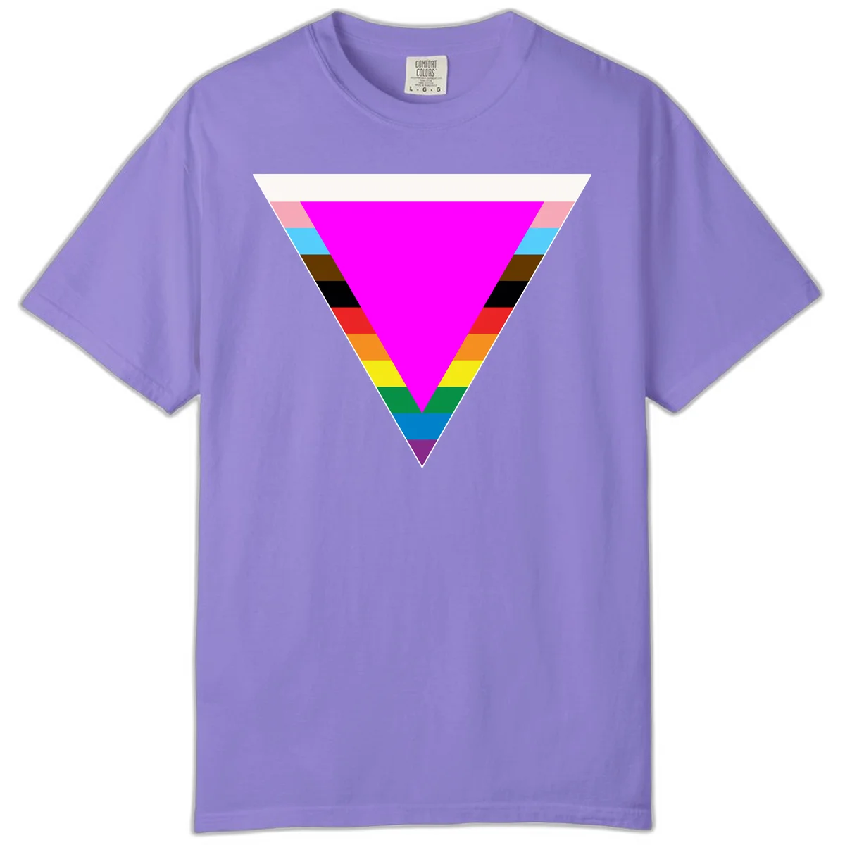 Rainbow pride triangle design with horizontal stripes in magenta, pink, cyan, brown, black, red, orange, yellow, green, teal, blue, and purple colors in Violet