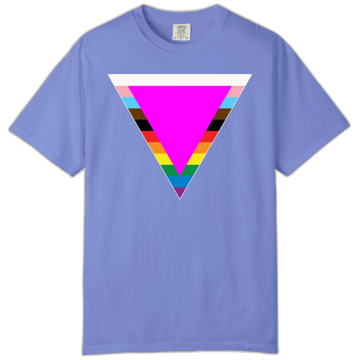 Rainbow pride triangle design with horizontal stripes in magenta, pink, cyan, brown, black, red, orange, yellow, green, teal, blue, and purple colors in Flo Blue