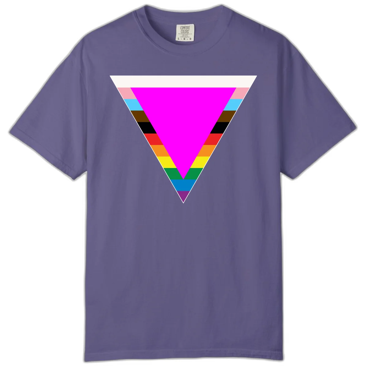 Rainbow pride triangle design with horizontal stripes in magenta, pink, cyan, brown, black, red, orange, yellow, green, teal, blue, and purple colors in Grape