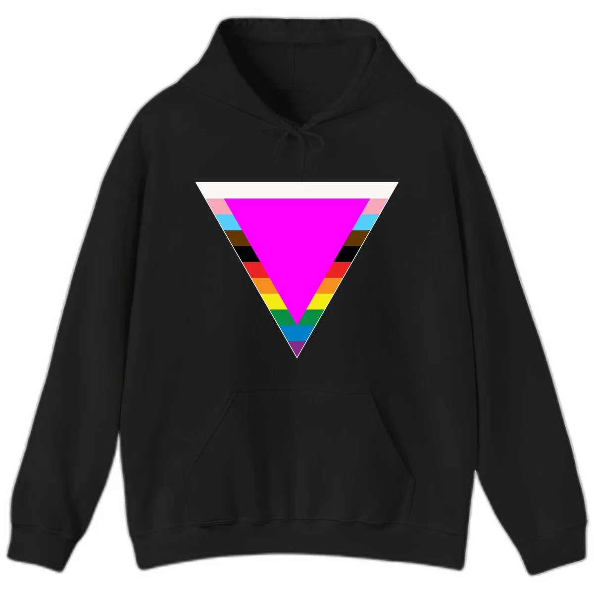 Rainbow pride triangle design with horizontal stripes in magenta, pink, cyan, brown, black, red, orange, yellow, green, teal, blue, and purple colors in Black