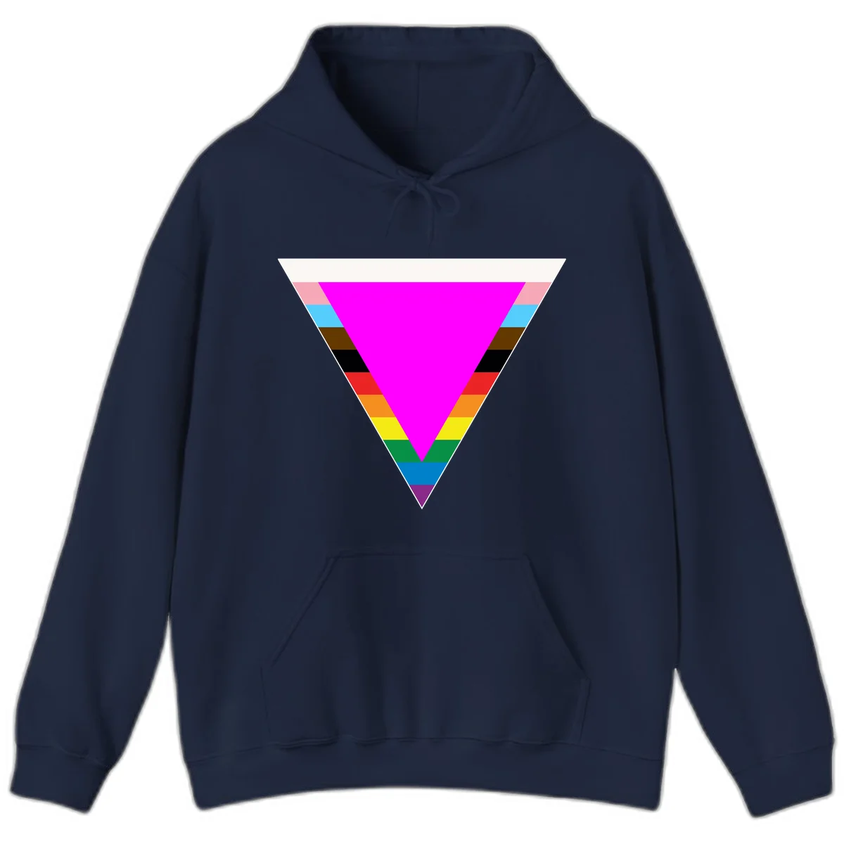 Rainbow pride triangle design with horizontal stripes in magenta, pink, cyan, brown, black, red, orange, yellow, green, teal, blue, and purple colors in Navy