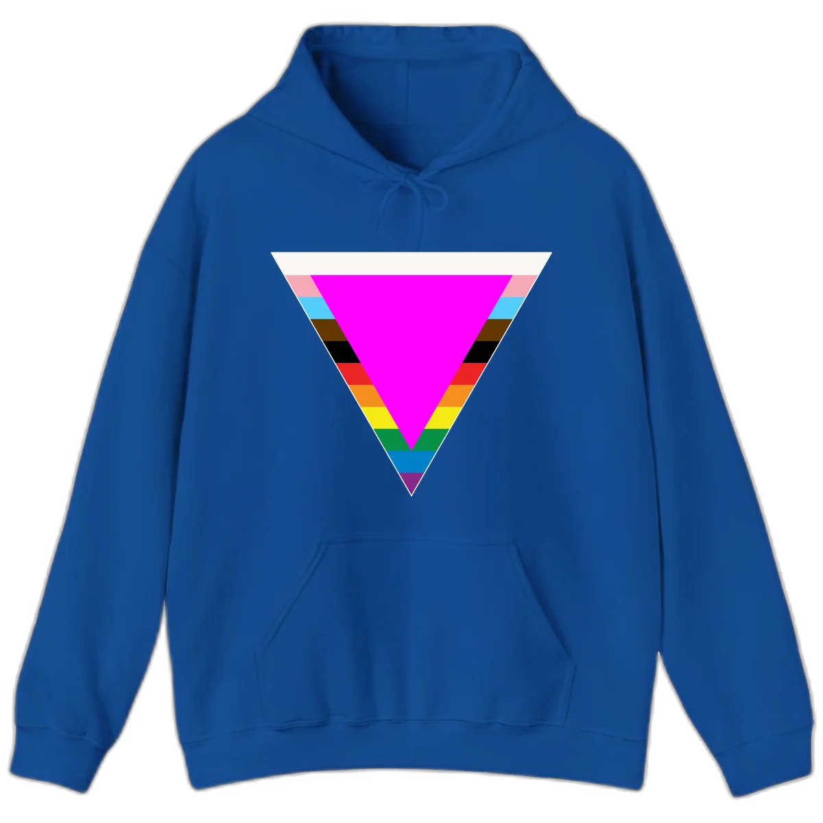 Rainbow pride triangle design with horizontal stripes in magenta, pink, cyan, brown, black, red, orange, yellow, green, teal, blue, and purple colors in Royal