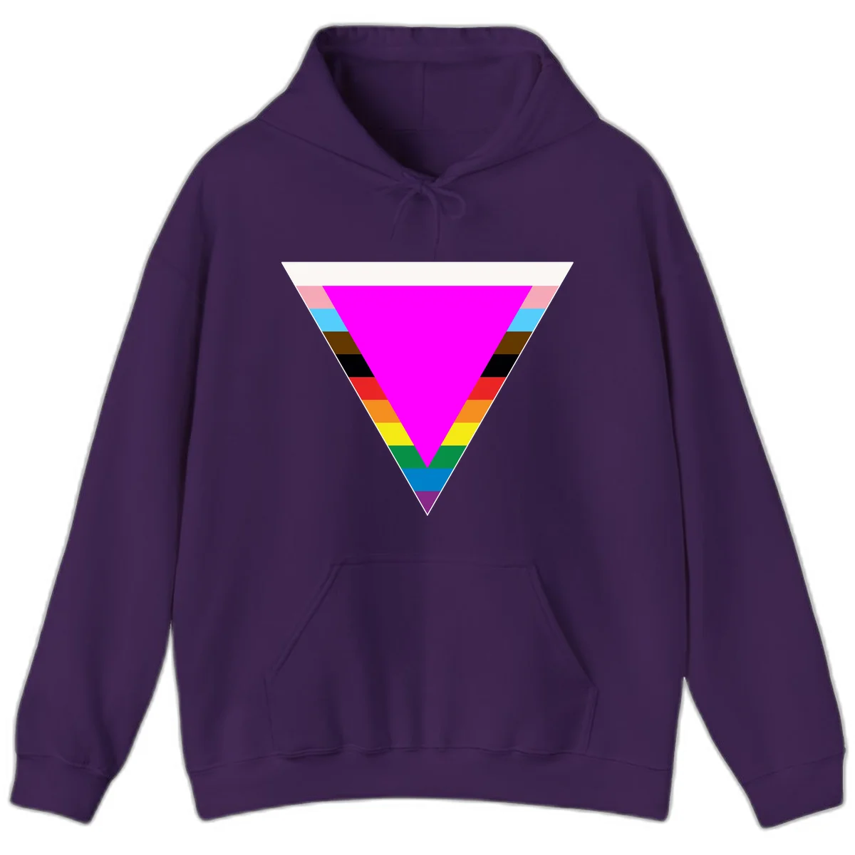 Rainbow pride triangle design with horizontal stripes in magenta, pink, cyan, brown, black, red, orange, yellow, green, teal, blue, and purple colors in Purple