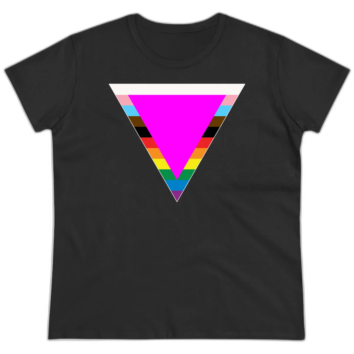 Rainbow pride triangle design with horizontal stripes in magenta, pink, cyan, brown, black, red, orange, yellow, green, teal, blue, and purple colors in Black