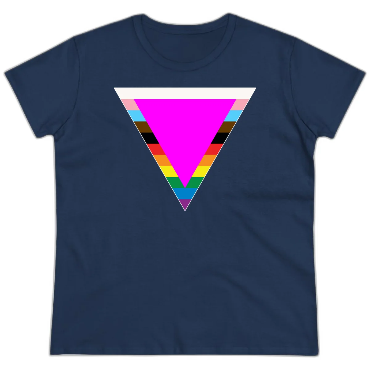 Rainbow pride triangle design with horizontal stripes in magenta, pink, cyan, brown, black, red, orange, yellow, green, teal, blue, and purple colors in Navy