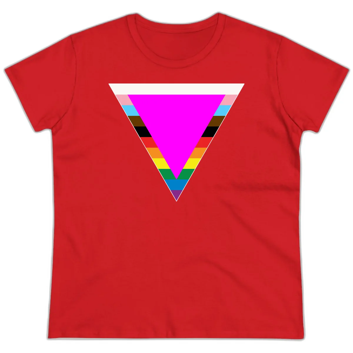 Rainbow pride triangle design with horizontal stripes in magenta, pink, cyan, brown, black, red, orange, yellow, green, teal, blue, and purple colors in Red