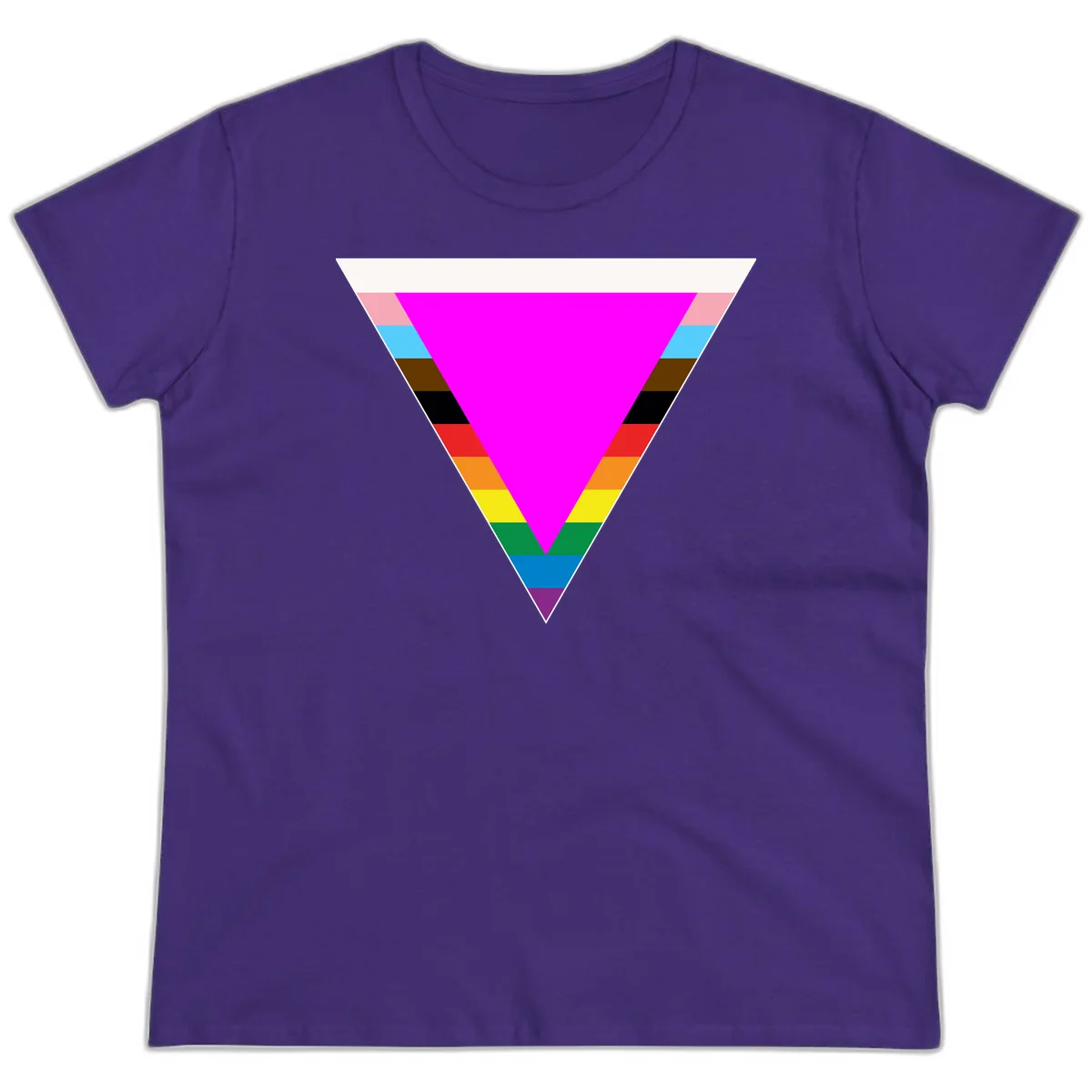 Rainbow pride triangle design with horizontal stripes in magenta, pink, cyan, brown, black, red, orange, yellow, green, teal, blue, and purple colors in Purple