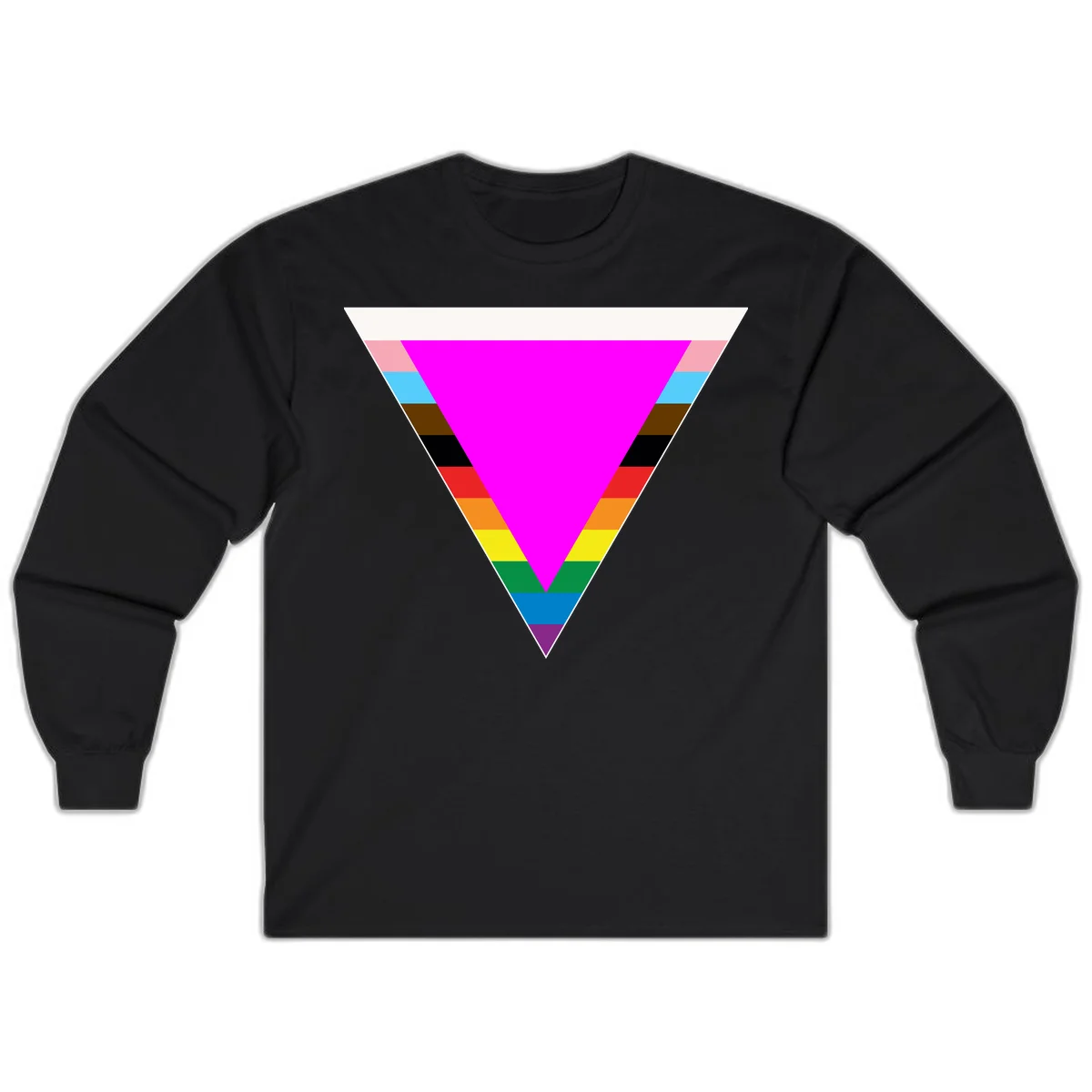 Rainbow pride triangle design with horizontal stripes in magenta, pink, cyan, brown, black, red, orange, yellow, green, teal, blue, and purple colors in Black