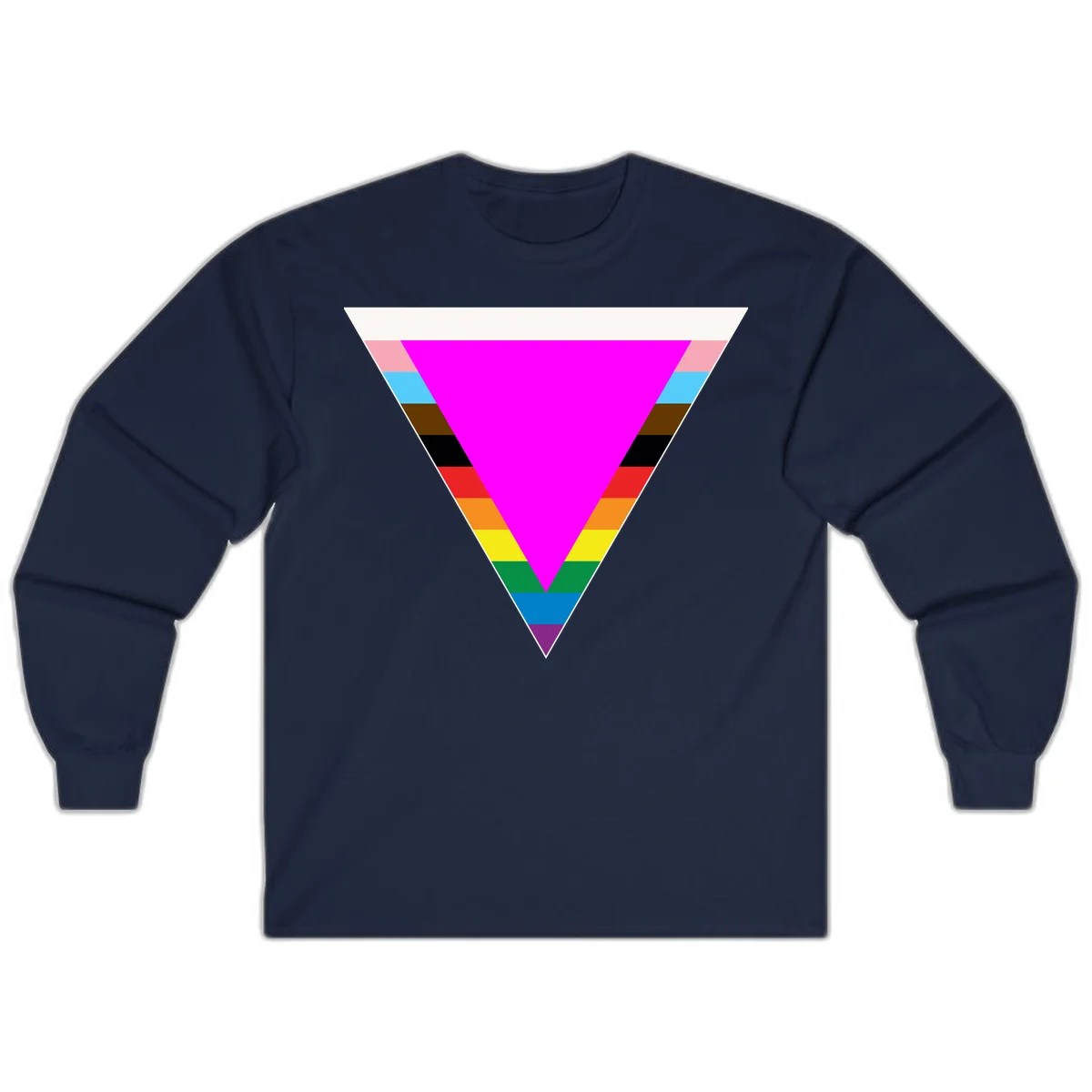 Rainbow pride triangle design with horizontal stripes in magenta, pink, cyan, brown, black, red, orange, yellow, green, teal, blue, and purple colors in Navy