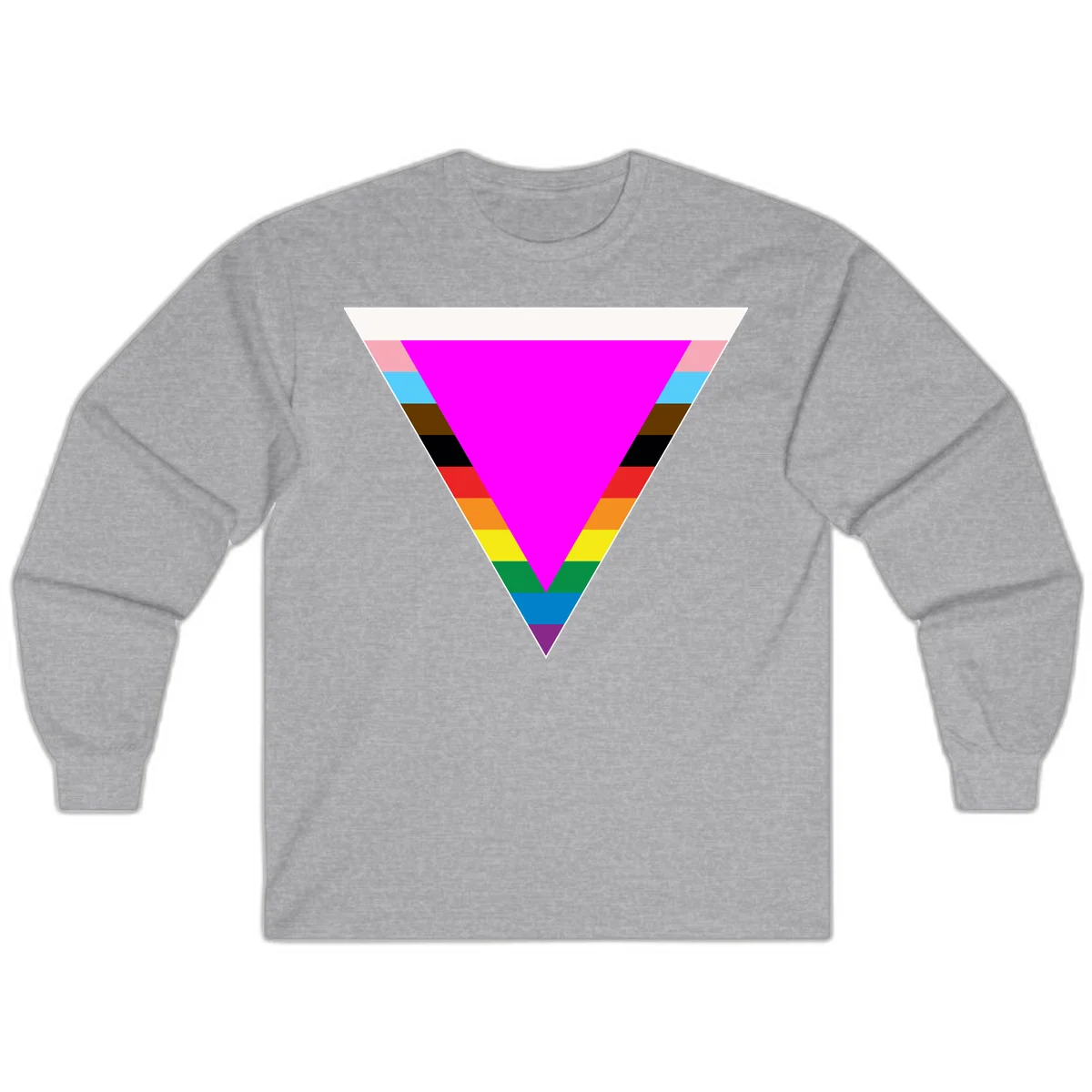 Rainbow pride triangle design with horizontal stripes in magenta, pink, cyan, brown, black, red, orange, yellow, green, teal, blue, and purple colors in Sport Grey