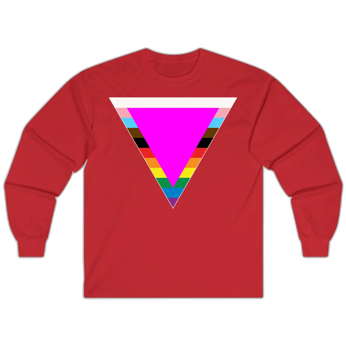 Rainbow pride triangle design with horizontal stripes in magenta, pink, cyan, brown, black, red, orange, yellow, green, teal, blue, and purple colors in Red