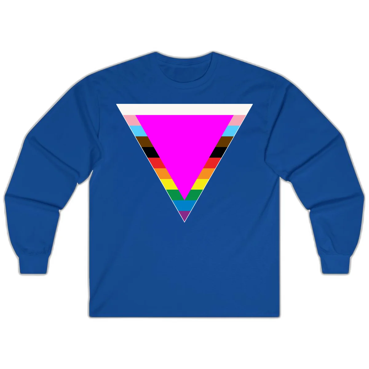 Rainbow pride triangle design with horizontal stripes in magenta, pink, cyan, brown, black, red, orange, yellow, green, teal, blue, and purple colors in Royal