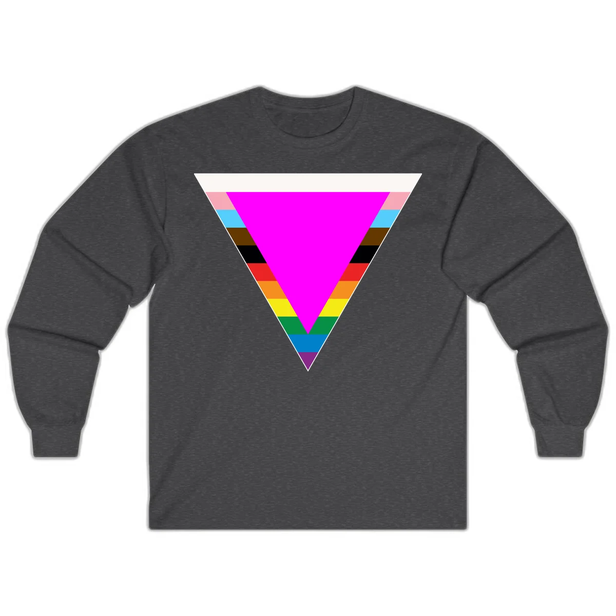 Rainbow pride triangle design with horizontal stripes in magenta, pink, cyan, brown, black, red, orange, yellow, green, teal, blue, and purple colors in Dark Heather