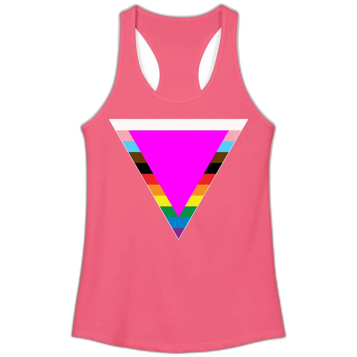 Rainbow pride triangle design with horizontal stripes in magenta, pink, cyan, brown, black, red, orange, yellow, green, teal, blue, and purple colors in Hot Pink