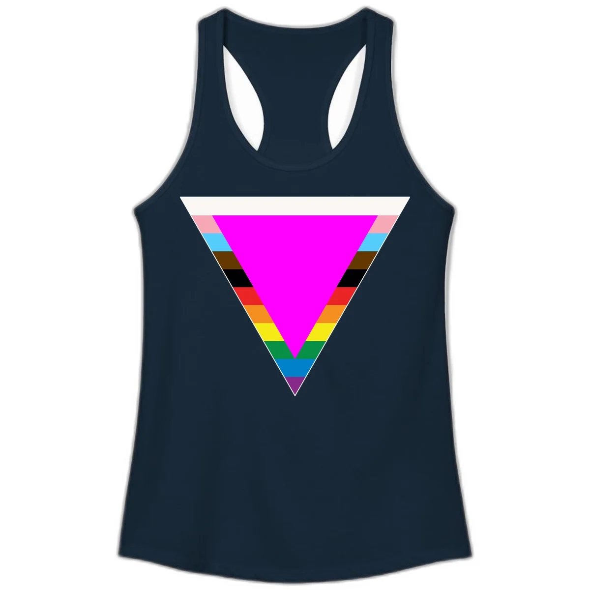 Rainbow pride triangle design with horizontal stripes in magenta, pink, cyan, brown, black, red, orange, yellow, green, teal, blue, and purple colors in Solid Midnight Navy