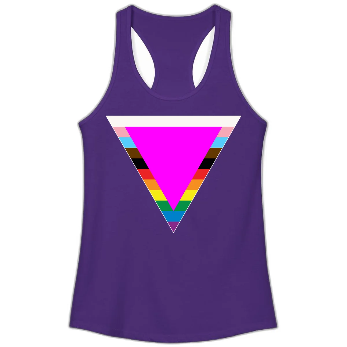Rainbow pride triangle design with horizontal stripes in magenta, pink, cyan, brown, black, red, orange, yellow, green, teal, blue, and purple colors in Solid Purple Rush