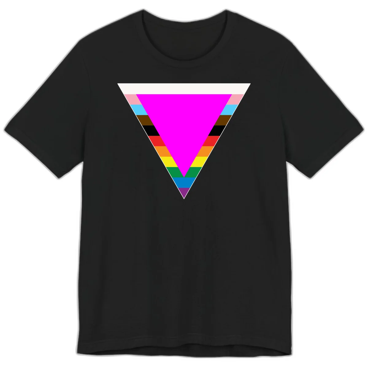 Rainbow pride triangle design with horizontal stripes in magenta, pink, cyan, brown, black, red, orange, yellow, green, teal, blue, and purple colors in Black