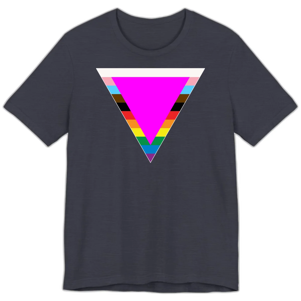 Rainbow pride triangle design with horizontal stripes in magenta, pink, cyan, brown, black, red, orange, yellow, green, teal, blue, and purple colors in Heather Midnight Navy