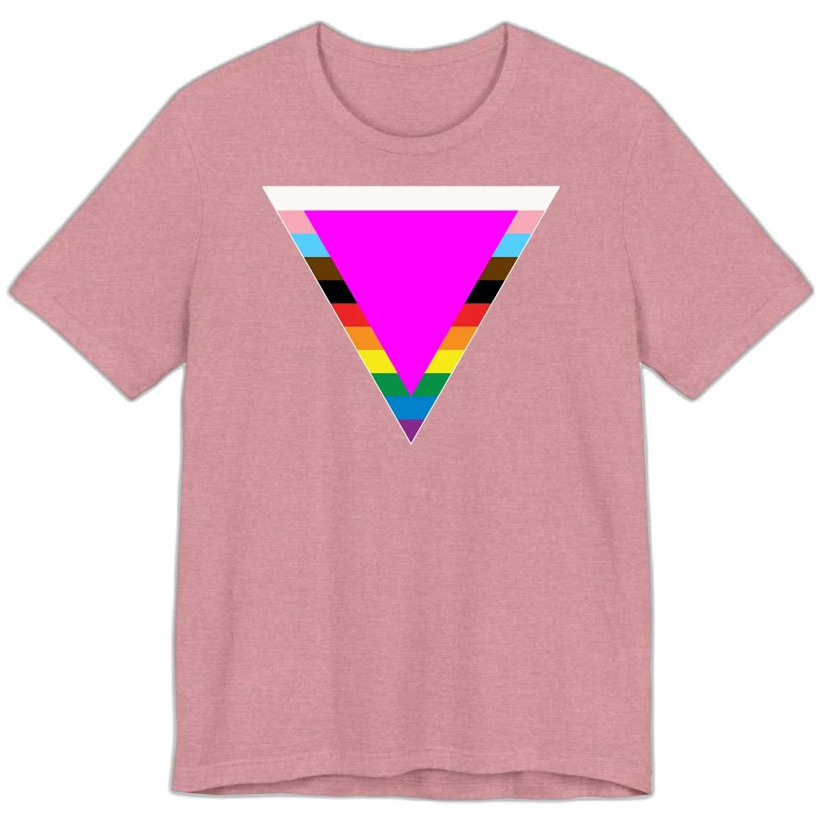 Rainbow pride triangle design with horizontal stripes in magenta, pink, cyan, brown, black, red, orange, yellow, green, teal, blue, and purple colors in Heather Orchid