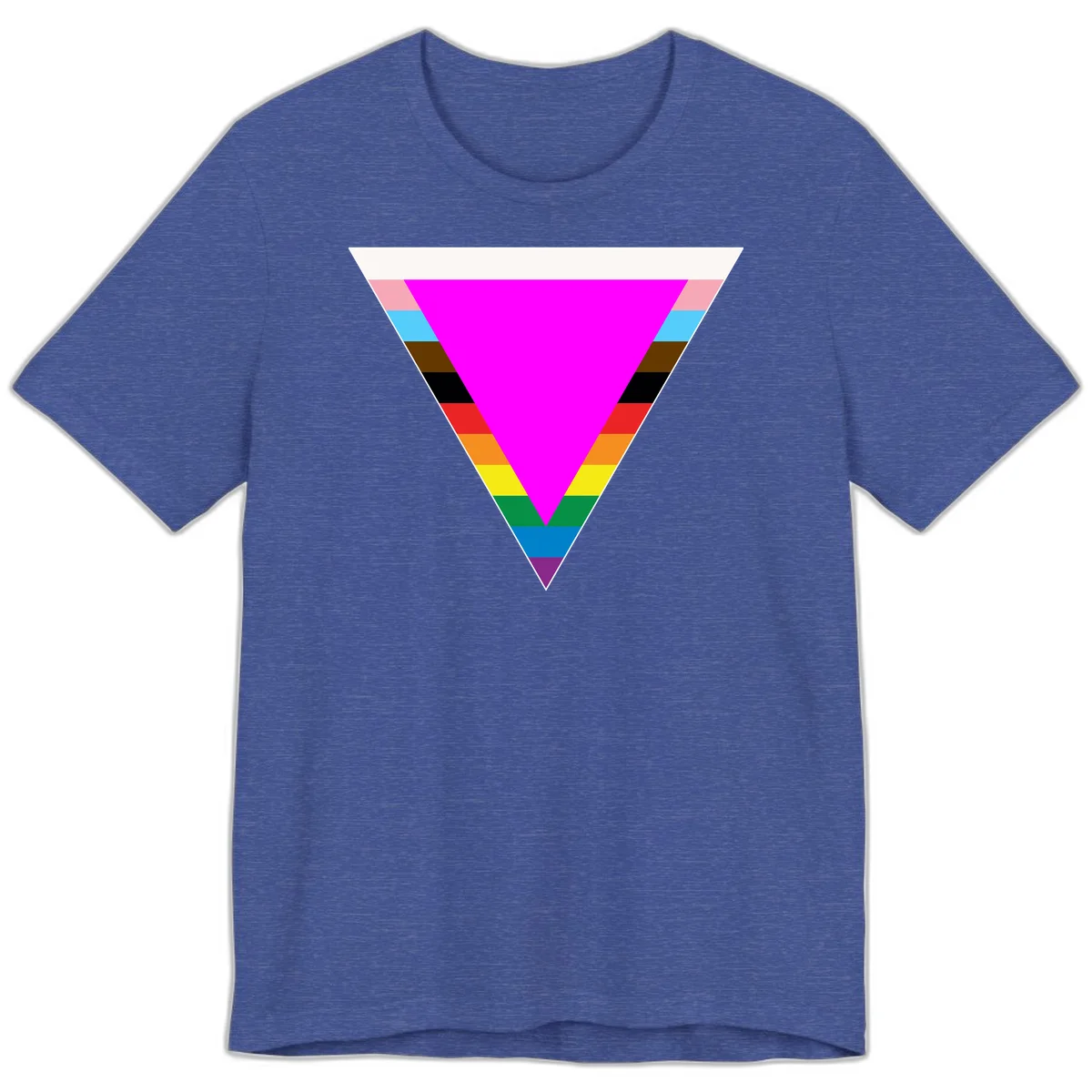 Rainbow pride triangle design with horizontal stripes in magenta, pink, cyan, brown, black, red, orange, yellow, green, teal, blue, and purple colors in Heather True Royal
