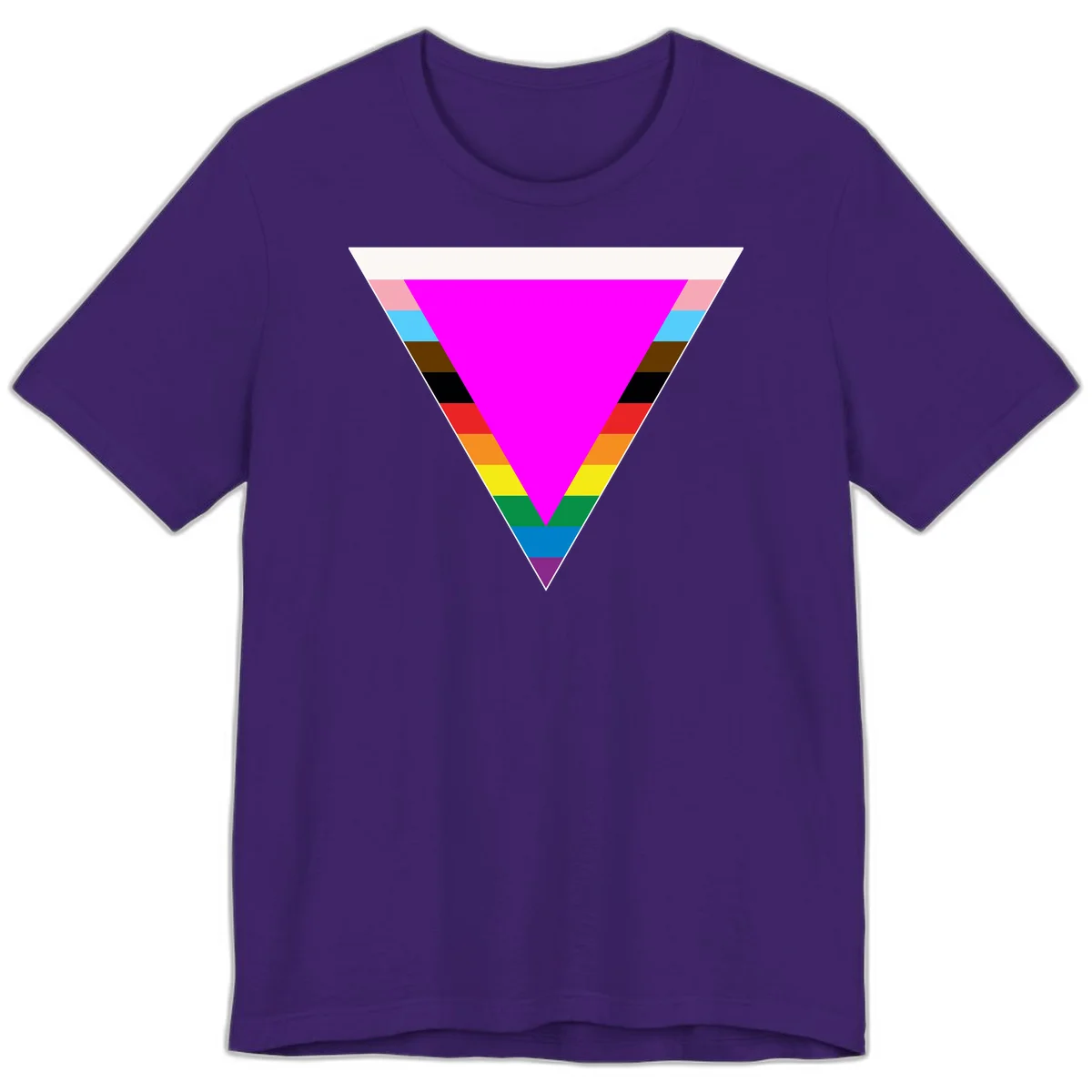 Rainbow pride triangle design with horizontal stripes in magenta, pink, cyan, brown, black, red, orange, yellow, green, teal, blue, and purple colors in Team Purple