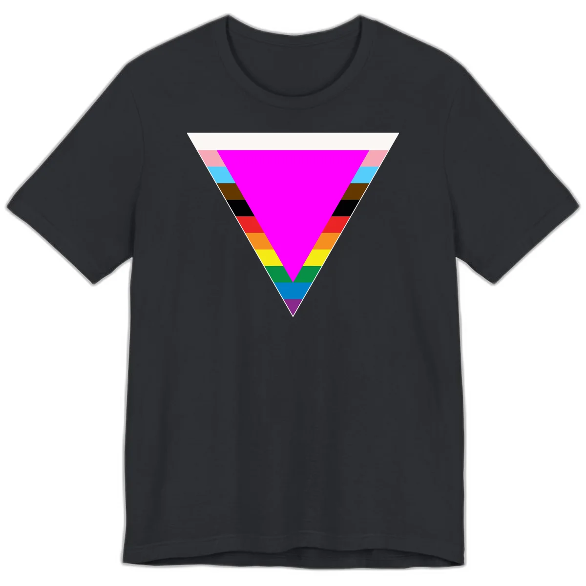 Rainbow pride triangle design with horizontal stripes in magenta, pink, cyan, brown, black, red, orange, yellow, green, teal, blue, and purple colors in Vintage Black