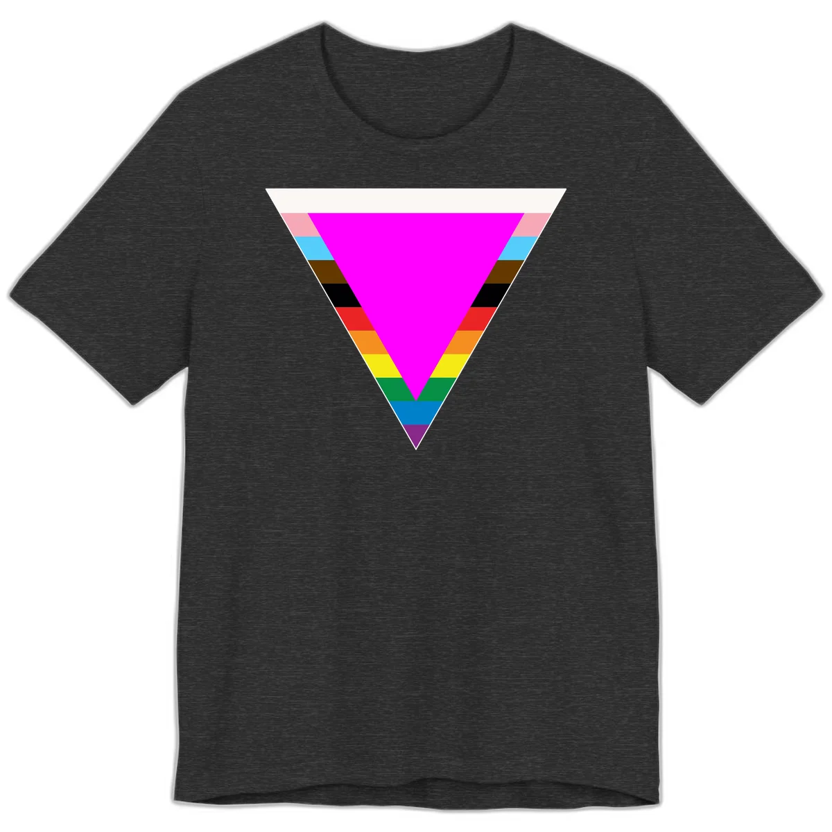 Rainbow pride triangle design with horizontal stripes in magenta, pink, cyan, brown, black, red, orange, yellow, green, teal, blue, and purple colors in Dark Grey Heather