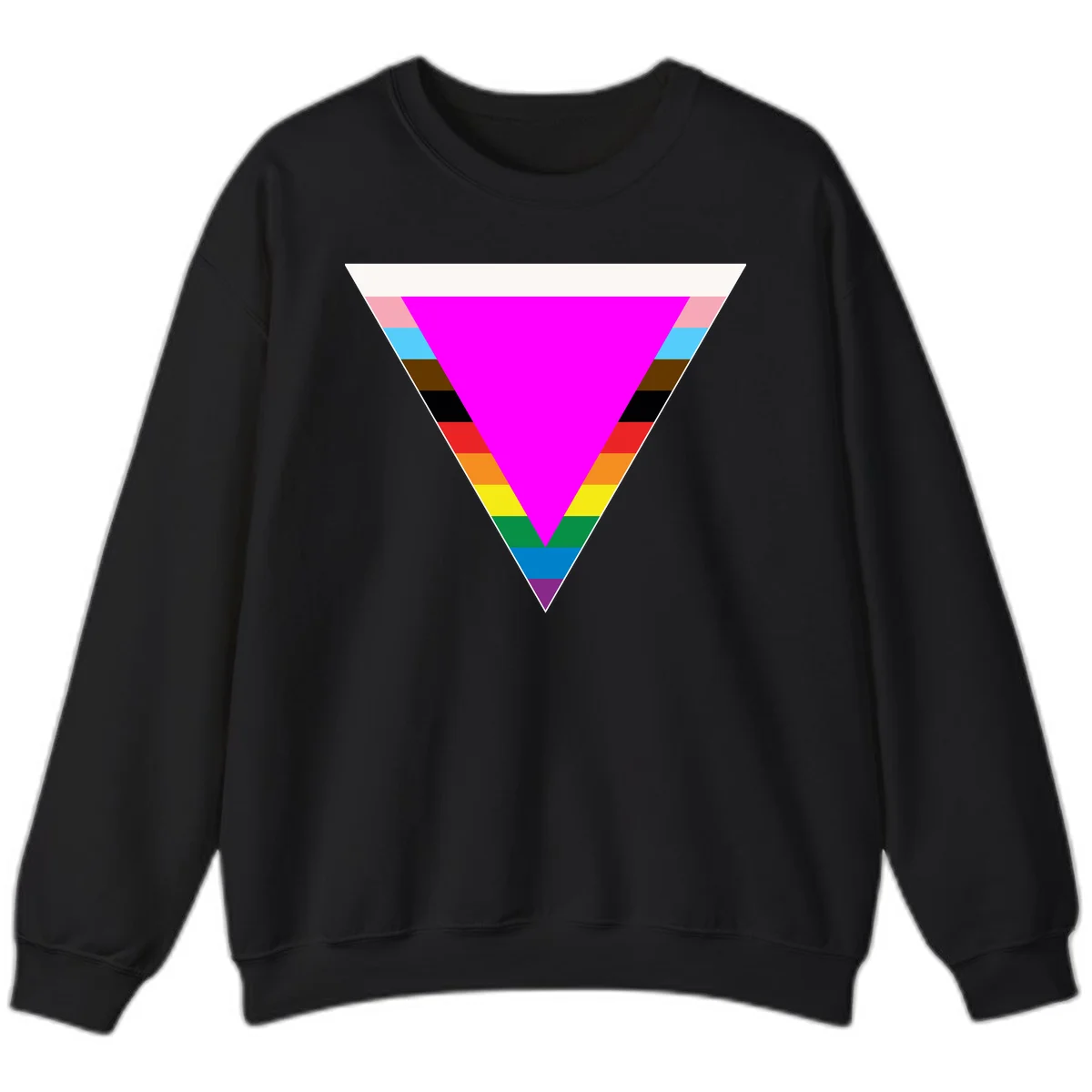 Rainbow pride triangle design with horizontal stripes in magenta, pink, cyan, brown, black, red, orange, yellow, green, teal, blue, and purple colors in Black