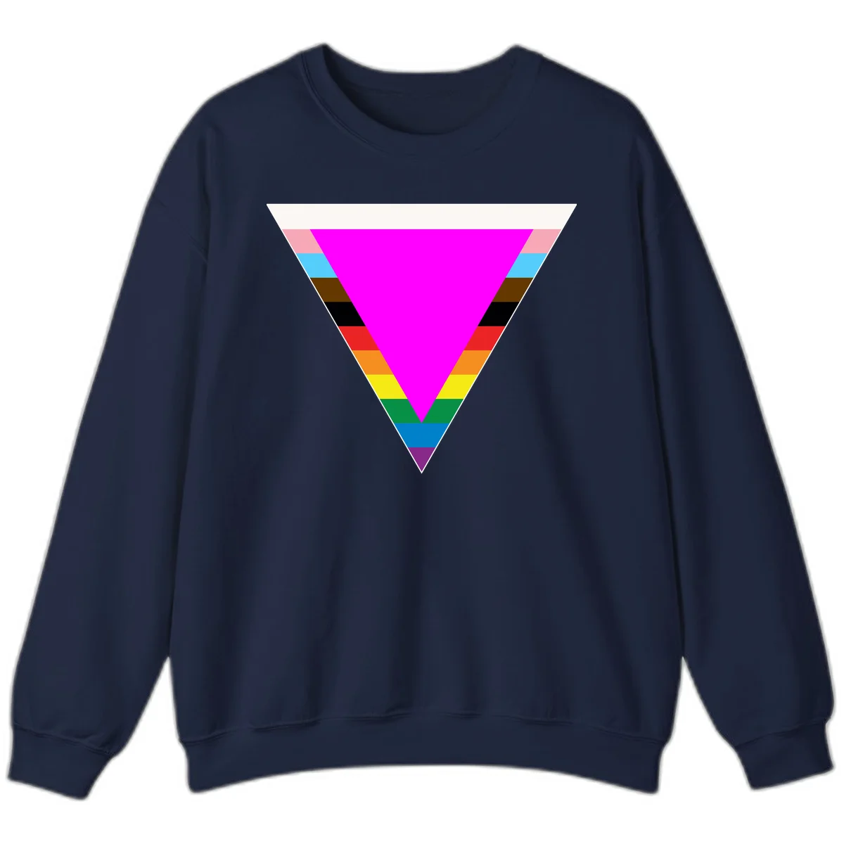 Rainbow pride triangle design with horizontal stripes in magenta, pink, cyan, brown, black, red, orange, yellow, green, teal, blue, and purple colors in Navy