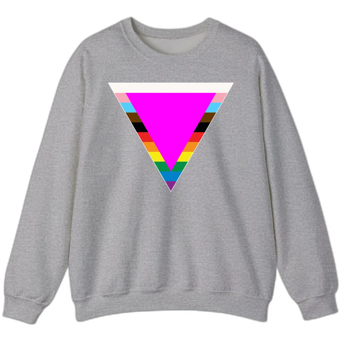 Rainbow pride triangle design with horizontal stripes in magenta, pink, cyan, brown, black, red, orange, yellow, green, teal, blue, and purple colors in Sport Grey