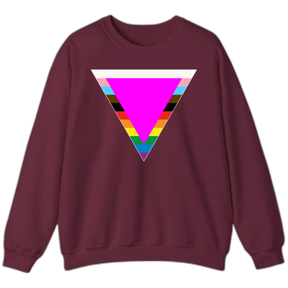 Rainbow pride triangle design with horizontal stripes in magenta, pink, cyan, brown, black, red, orange, yellow, green, teal, blue, and purple colors in Maroon