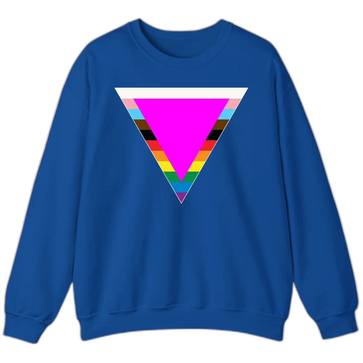 Rainbow pride triangle design with horizontal stripes in magenta, pink, cyan, brown, black, red, orange, yellow, green, teal, blue, and purple colors in Royal