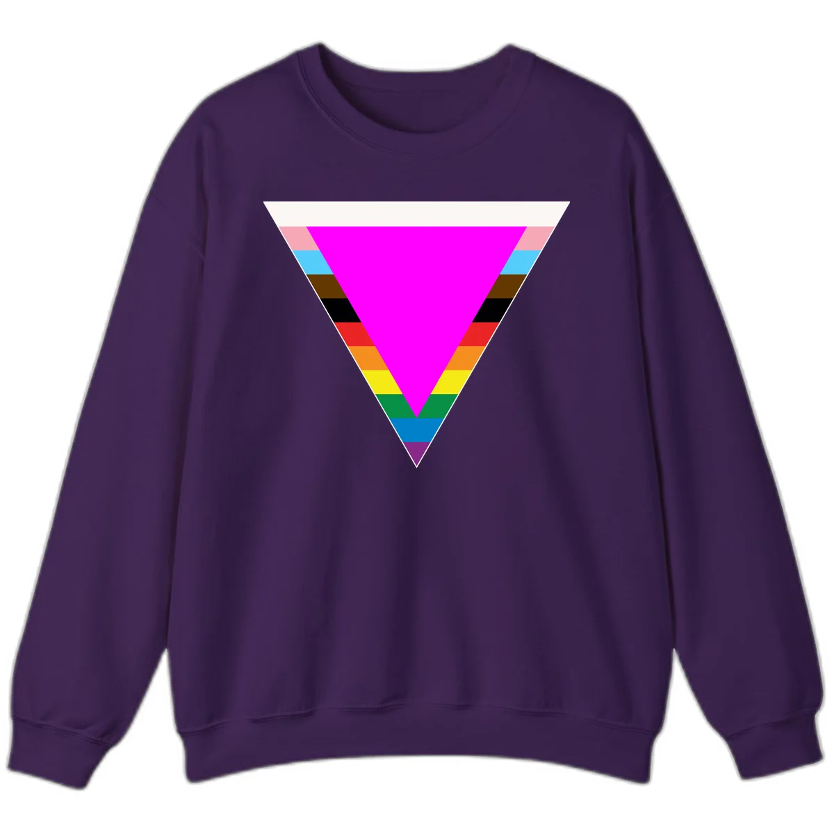 Rainbow pride triangle design with horizontal stripes in magenta, pink, cyan, brown, black, red, orange, yellow, green, teal, blue, and purple colors in Purple