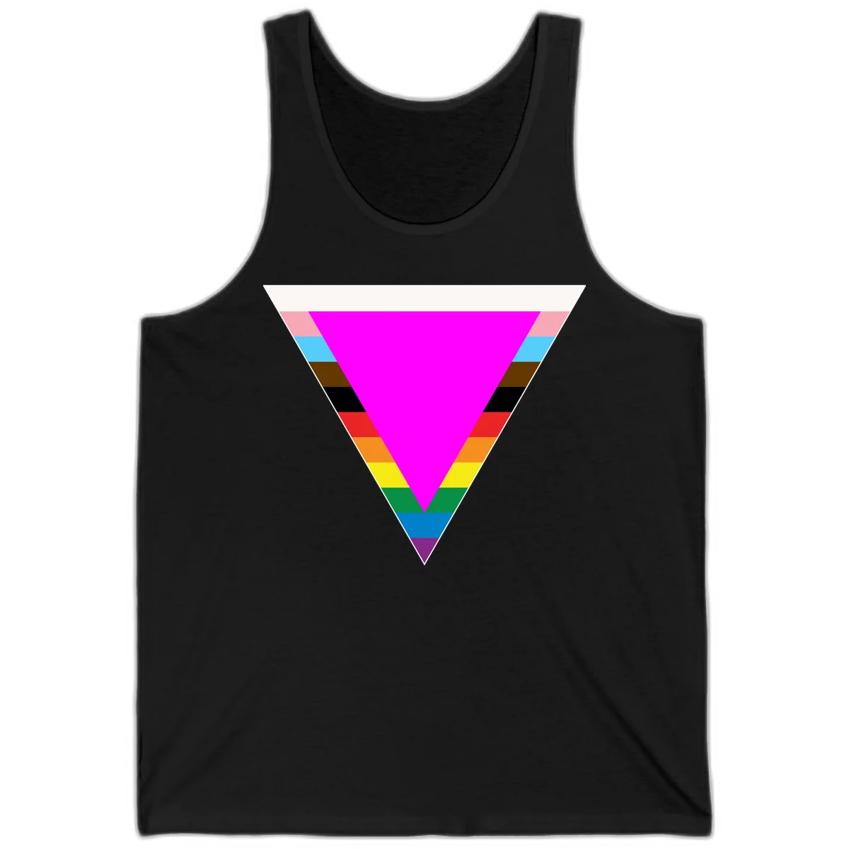 Rainbow pride triangle design with horizontal stripes in magenta, pink, cyan, brown, black, red, orange, yellow, green, teal, blue, and purple colors in Black