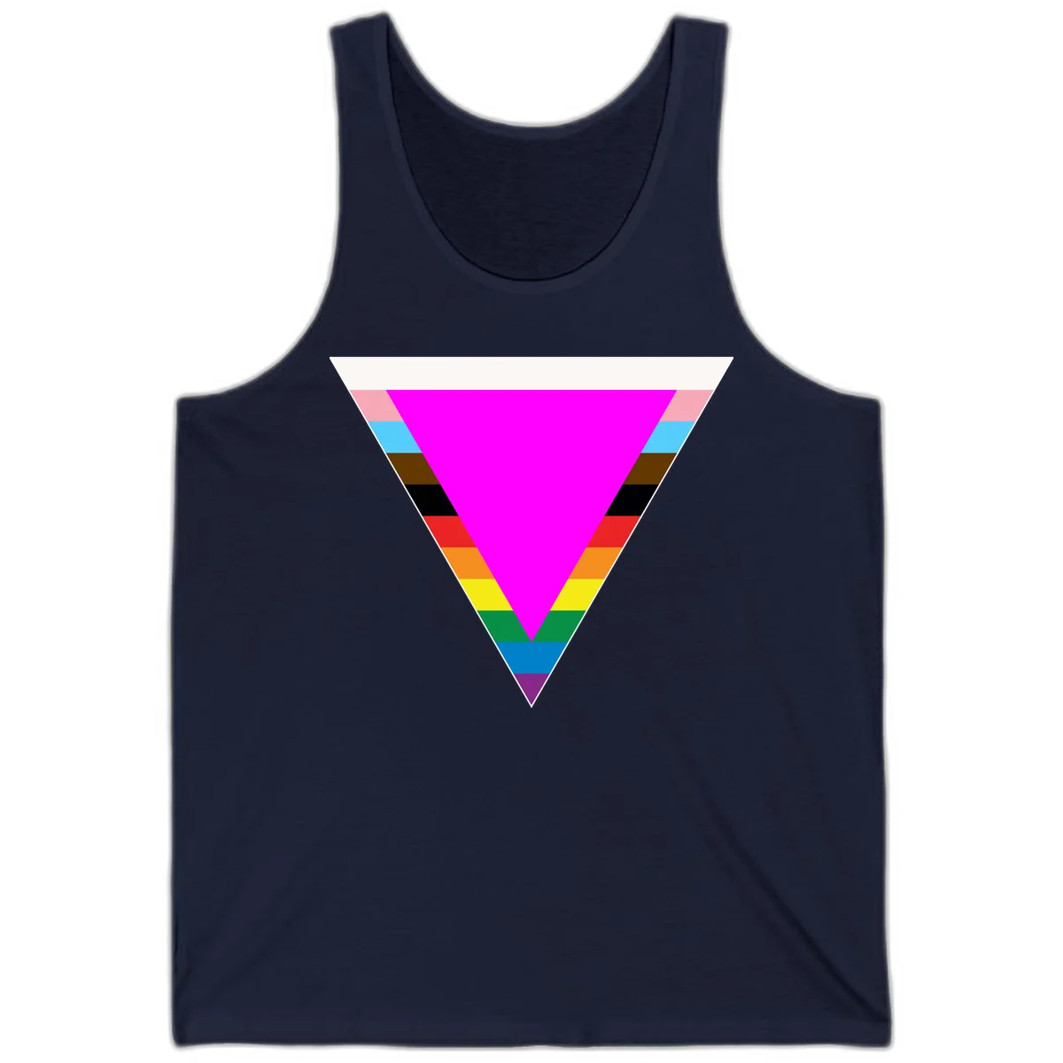Rainbow pride triangle design with horizontal stripes in magenta, pink, cyan, brown, black, red, orange, yellow, green, teal, blue, and purple colors in Navy