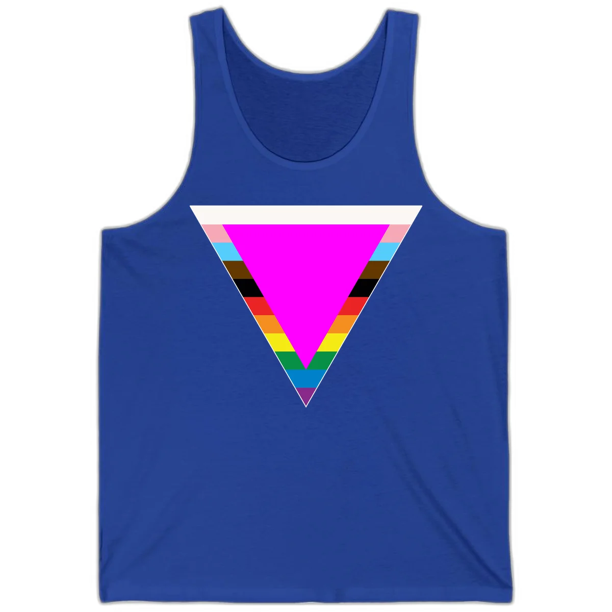 Rainbow pride triangle design with horizontal stripes in magenta, pink, cyan, brown, black, red, orange, yellow, green, teal, blue, and purple colors in True Royal