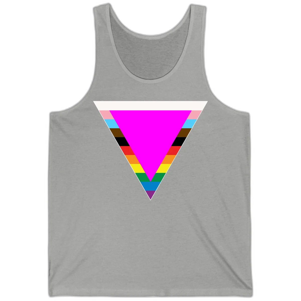 Rainbow pride triangle design with horizontal stripes in magenta, pink, cyan, brown, black, red, orange, yellow, green, teal, blue, and purple colors in Athletic Heather