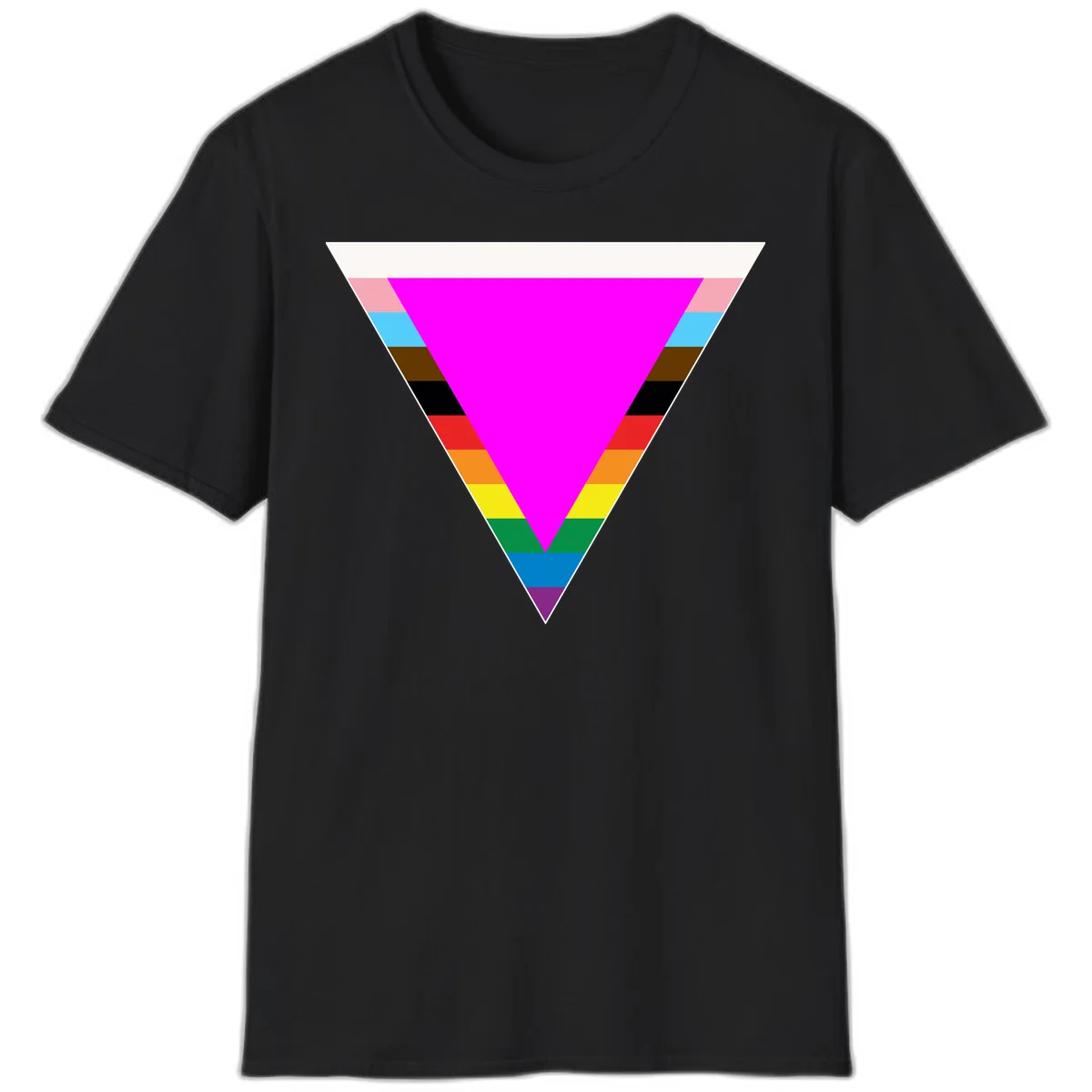 Rainbow pride triangle design with horizontal stripes in magenta, pink, cyan, brown, black, red, orange, yellow, green, teal, blue, and purple colors in Black