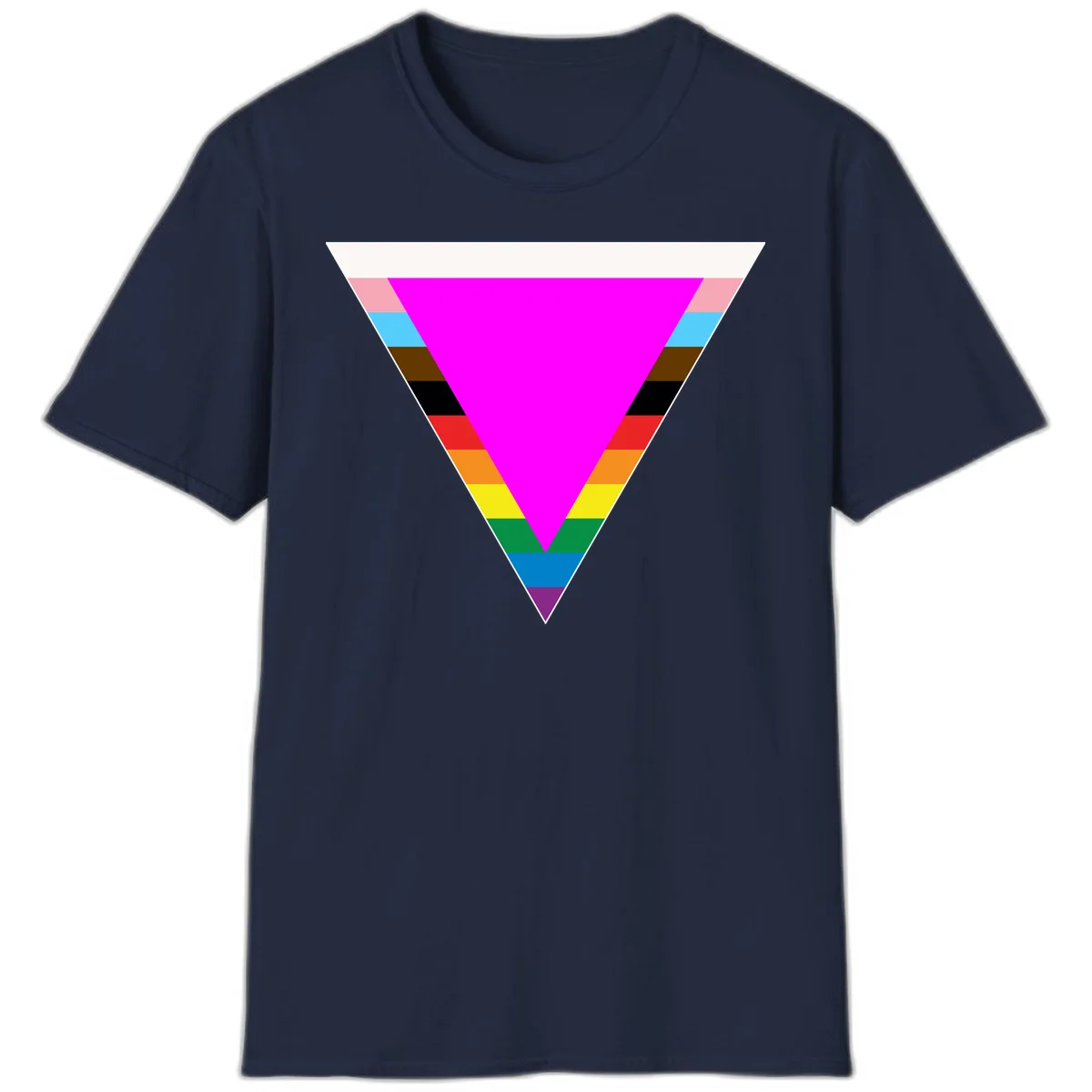 Rainbow pride triangle design with horizontal stripes in magenta, pink, cyan, brown, black, red, orange, yellow, green, teal, blue, and purple colors in Navy