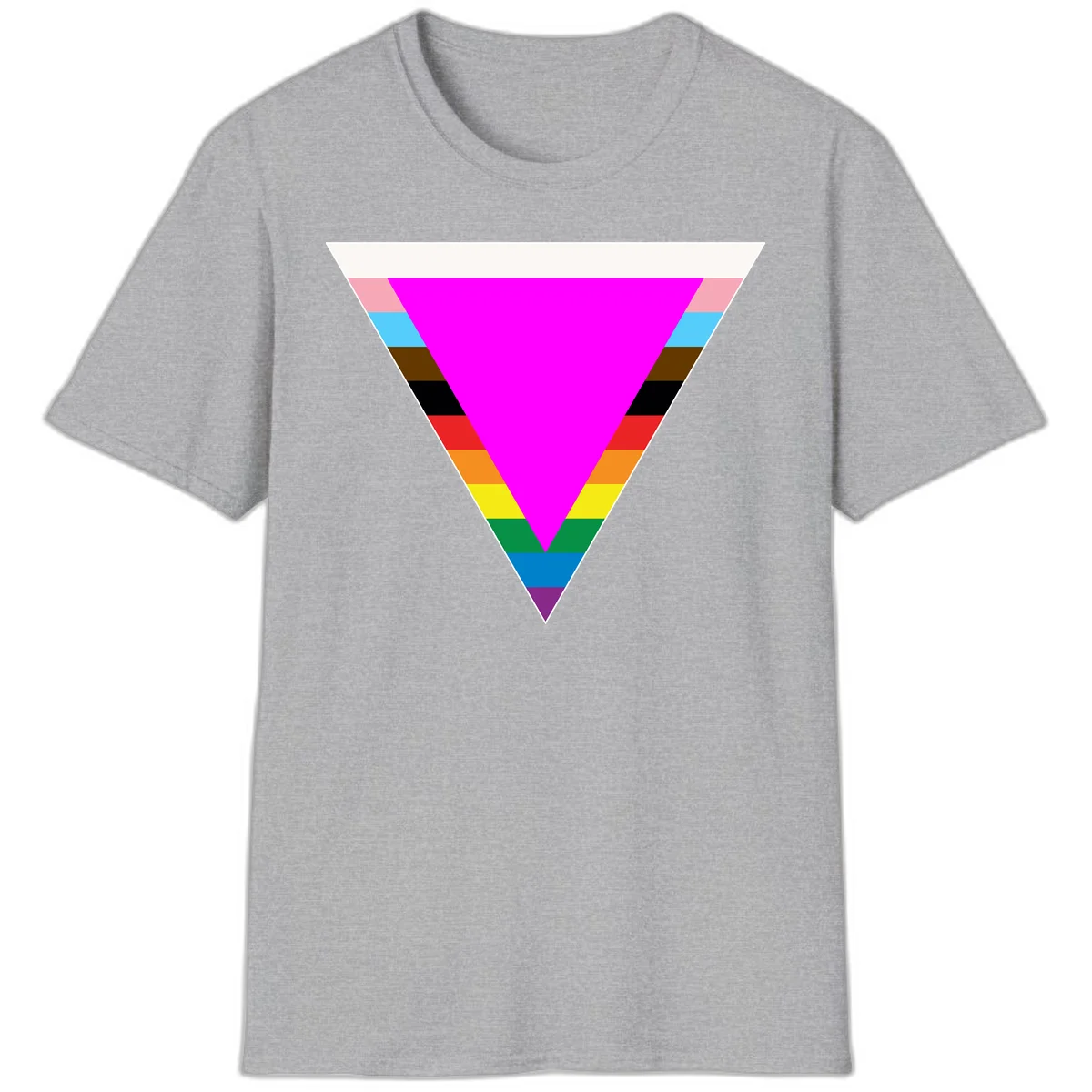 Rainbow pride triangle design with horizontal stripes in magenta, pink, cyan, brown, black, red, orange, yellow, green, teal, blue, and purple colors in Sport Grey