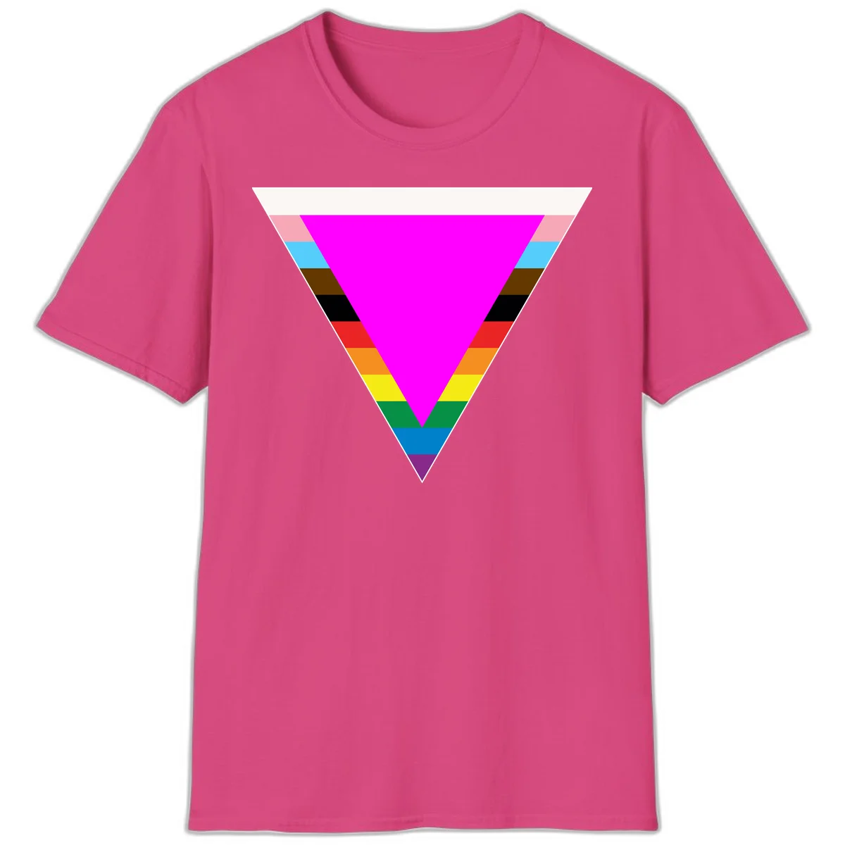 Rainbow pride triangle design with horizontal stripes in magenta, pink, cyan, brown, black, red, orange, yellow, green, teal, blue, and purple colors in Heliconia