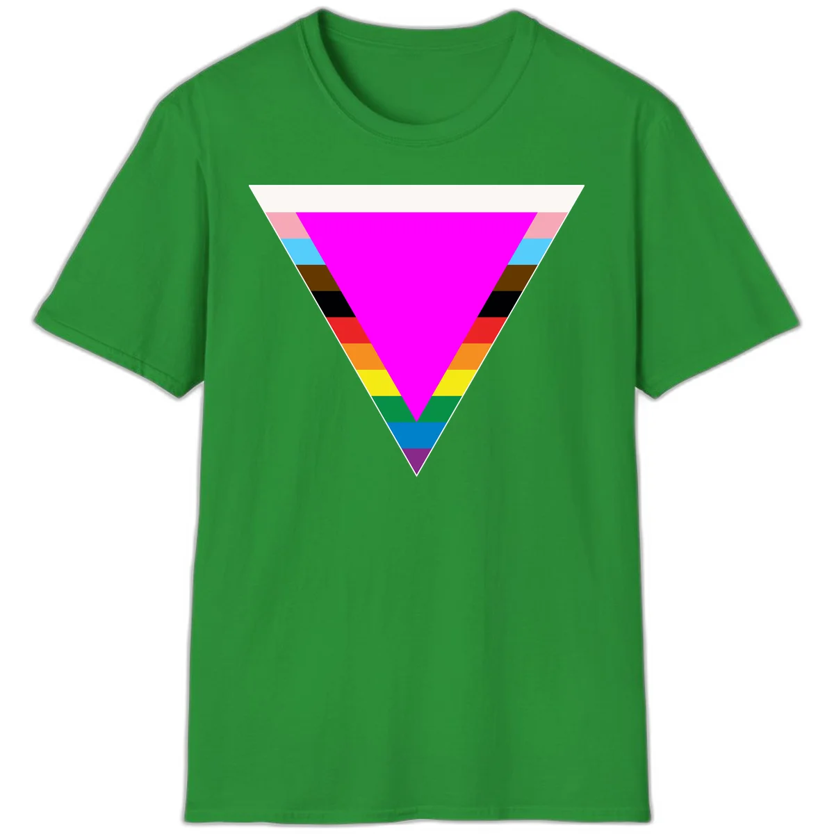 Rainbow pride triangle design with horizontal stripes in magenta, pink, cyan, brown, black, red, orange, yellow, green, teal, blue, and purple colors in Irish Green