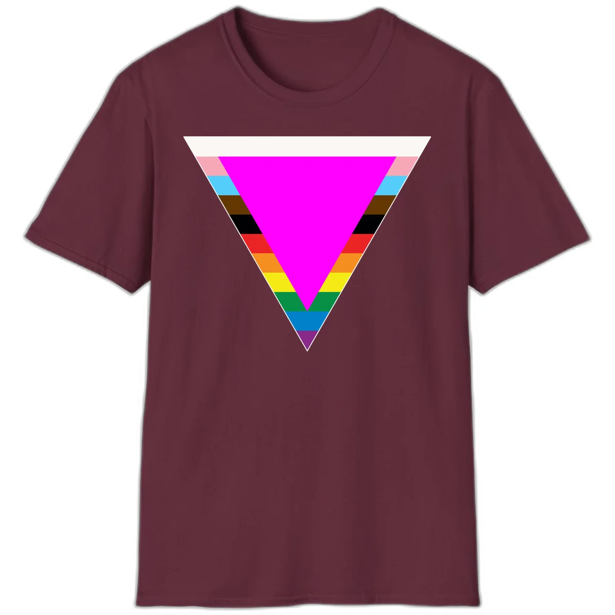 Rainbow pride triangle design with horizontal stripes in magenta, pink, cyan, brown, black, red, orange, yellow, green, teal, blue, and purple colors in Maroon