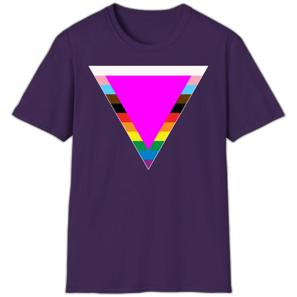 Rainbow pride triangle design with horizontal stripes in magenta, pink, cyan, brown, black, red, orange, yellow, green, teal, blue, and purple colors in Purple