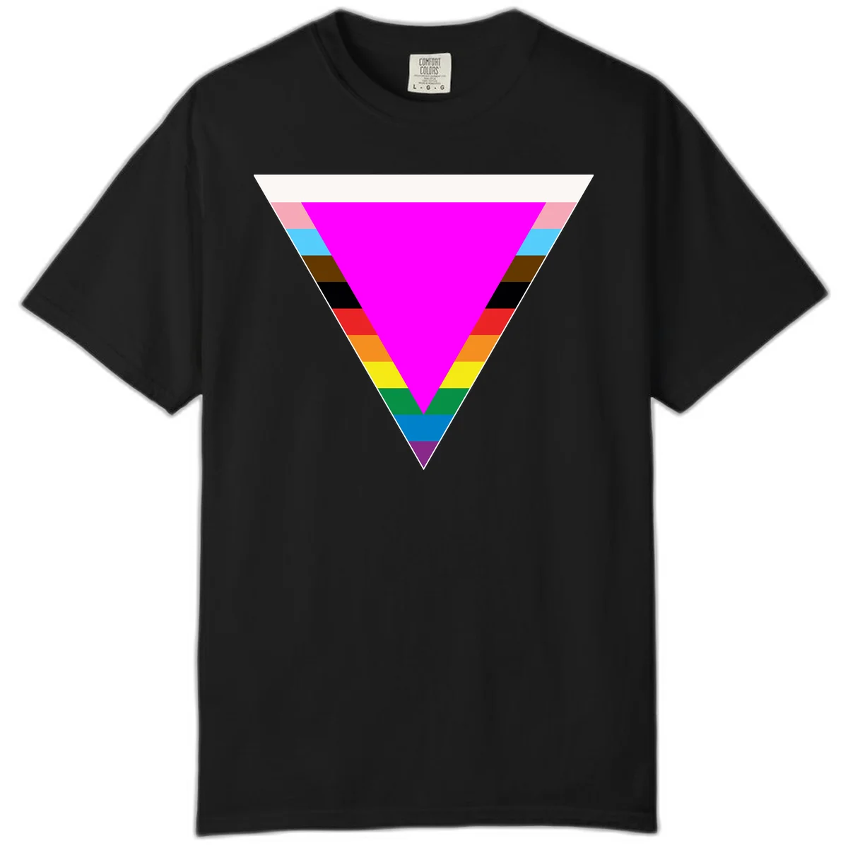 Rainbow pride triangle design featuring a large magenta inverted triangle surrounded by horizontal stripes in pride flag colors in Black