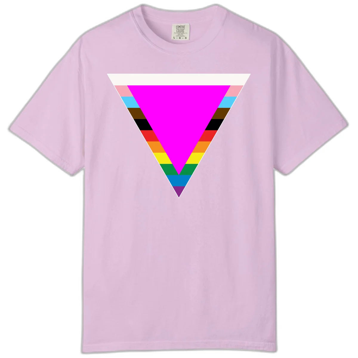 Rainbow pride triangle design featuring a large magenta inverted triangle surrounded by horizontal stripes in pride flag colors in Orchid