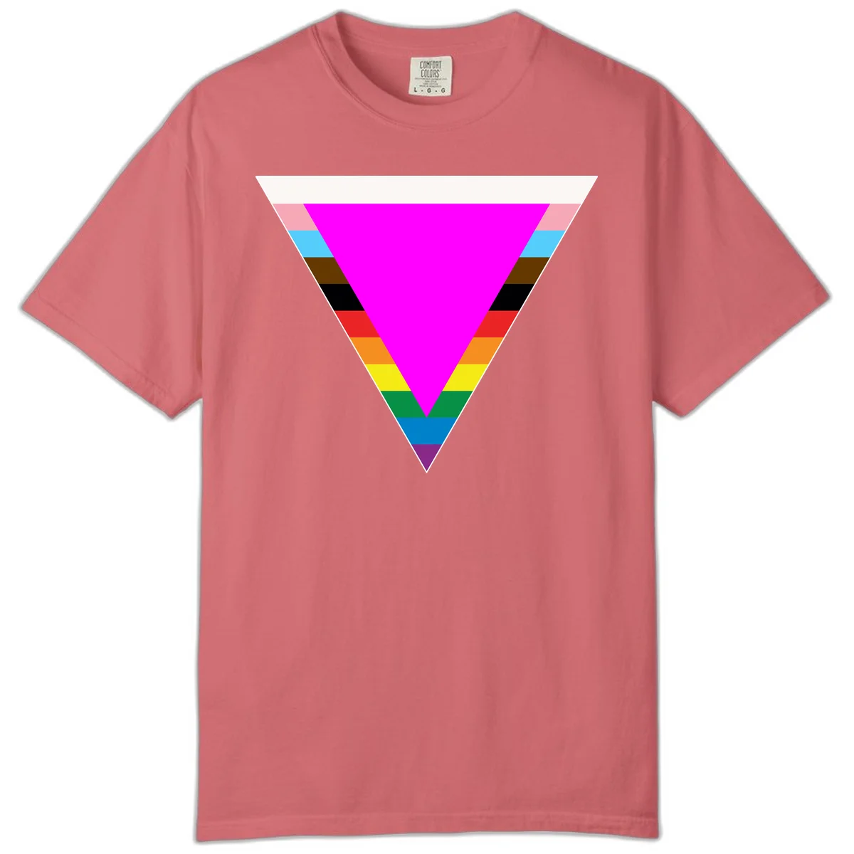 Rainbow pride triangle design featuring a large magenta inverted triangle surrounded by horizontal stripes in pride flag colors in Watermelon